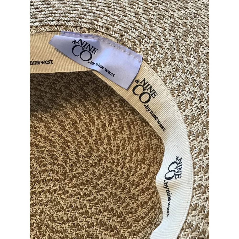 Nine & Co Floppy Sun Hat Nine West Decorative Band Bamboo Bead Woven Beige Tan